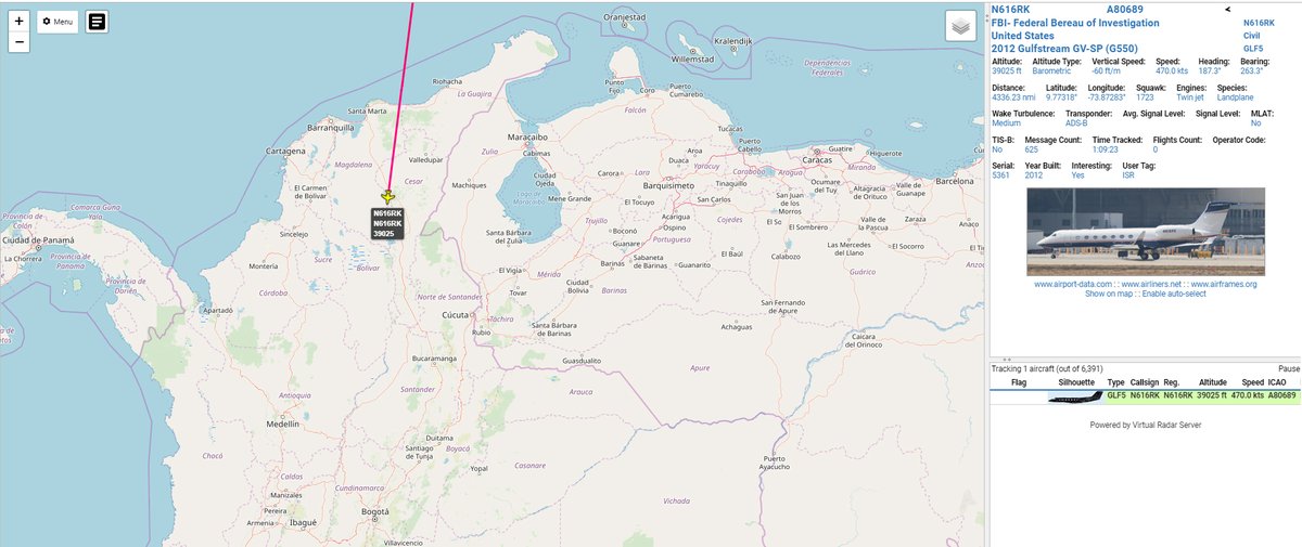 FBI Gulfstream GV N616RK from Manassas heading Bogota Colombia   