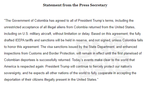 White House says Colombia has agreed to all of Trump's terms, including acceptance of deportation flights