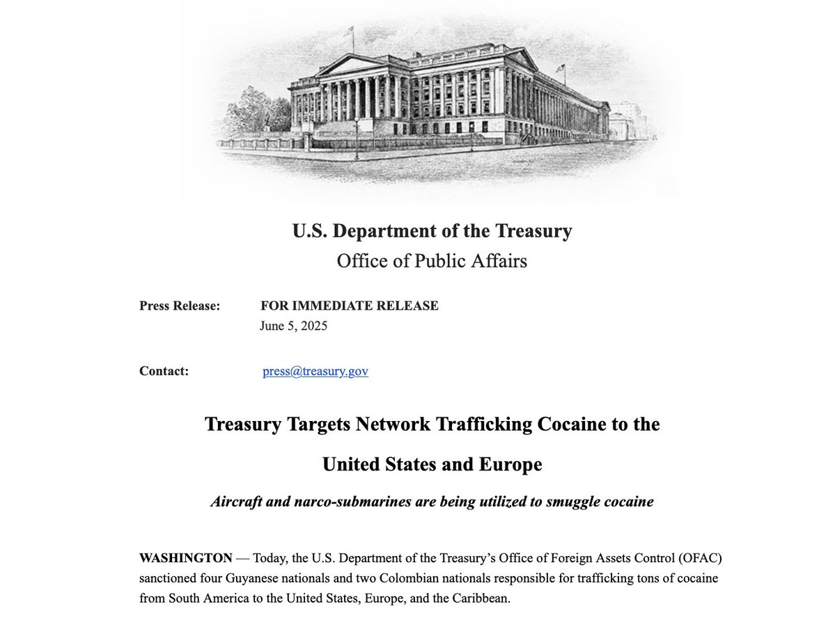 EUA sancionam 4 guianenses e 2 colombianos responsáveis pelo tráfico de toneladas de cocaína da América do Sul para os EUA, Europa e Caribe, segundo @USTreasury