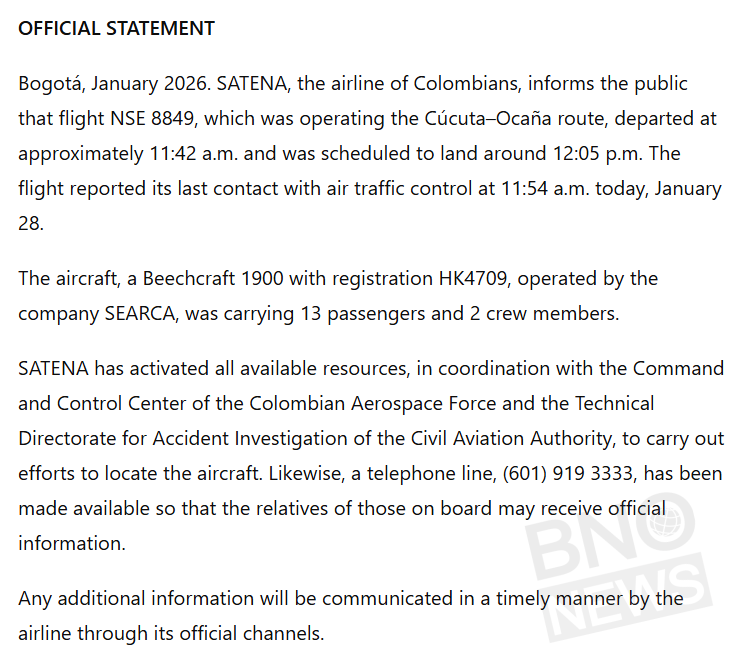 Satena Flight 8849 with 15 people on board disappears from radar near Cucuta, Colombia