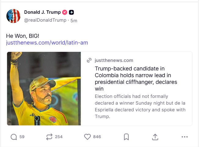 Amerika Birleşik Devletleri Başkanı Donald Trump, 21 Haziran Pazar günü yapılan seçim sonuçlarıyla ilgili açıklama yaptı. Seçimde Abelardo de la Espriella, ön sayım sonuçlarına göre resmi olarak önde gidiyordu.