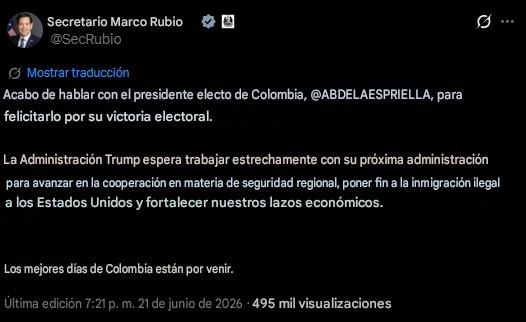 ABD Dışişleri Bakanı Marco Rubio (SecRubio), seçim sonuçlarından dolayı kendisini tebrik etmek için ABDELAESPRIELLA ile bir görüşme gerçekleştirdiğini belirterek, Trump Yönetimi, bölgesel güvenlik işbirliğini ilerletmek, Amerika Birleşik Devletleri'ne yasadışı göçü sona erdirmek ve iki ülke arasındaki ekonomik bağları güçlendirmek için yeni hükümetinizle yakından çalışmayı dört gözle bekliyor dedi.